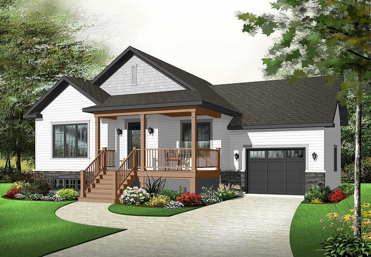 House plan exterior: One-story Modern Farmhouse with front porch, gabled dormer, and side-facing garage.