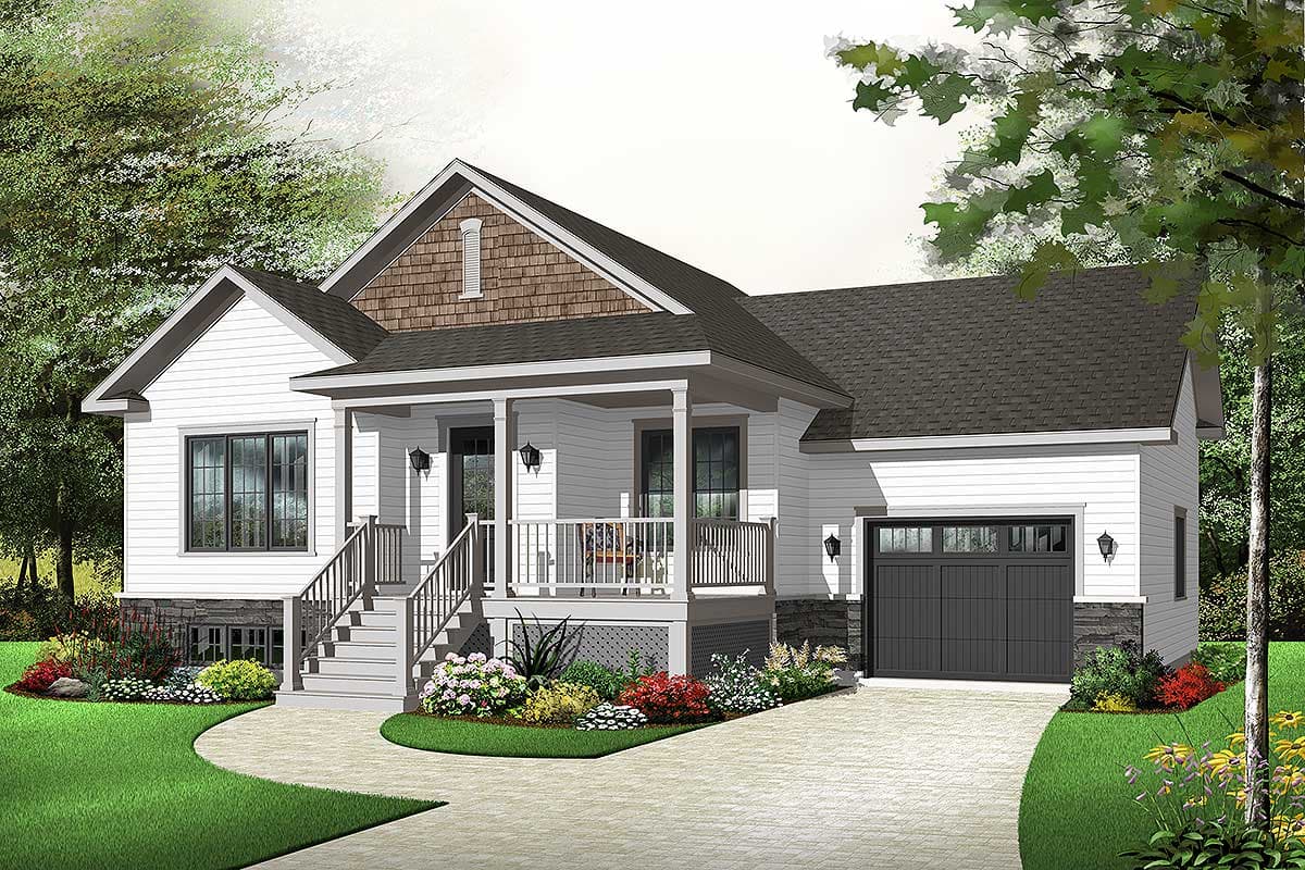 House plan exterior: one-story home with gabled roof, prominent front porch with columns, and side-entry garage.