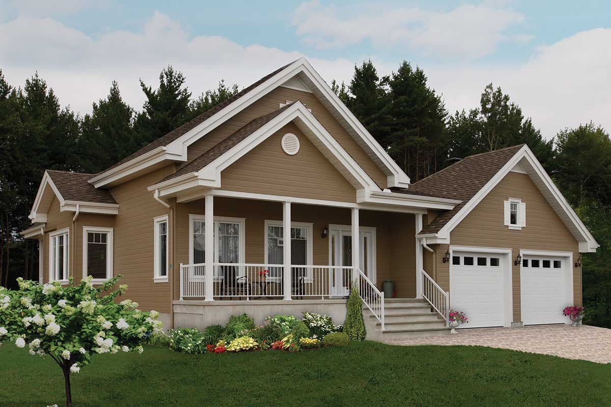 House plan exterior. Ranch-style house with one story, covered porch, multiple gables, and attached two-car garage.