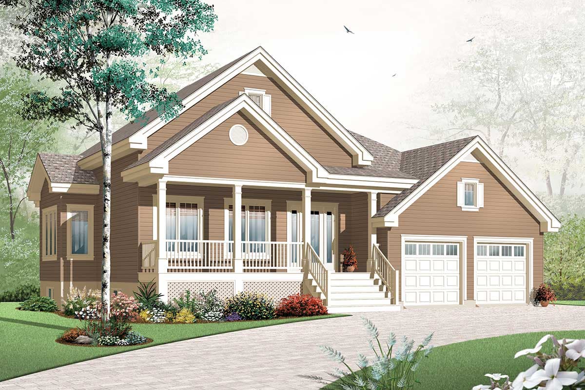 House plan exterior: One-story ranch style with full-width front porch, gable rooflines, and attached two-car garage.