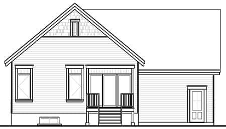 House plan rear elevation showing a pitched roof with gabled dormer, siding, deck with sliding doors, and attached garage with door.