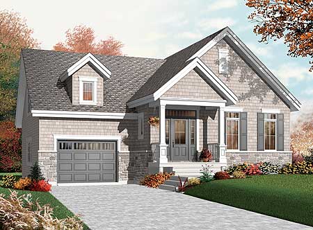 House plan exterior: Modern Farmhouse style, one-story with front-facing garage, covered front porch, and dormer.