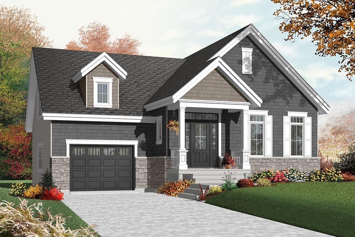 House plan exterior of a two-story Modern Farmhouse with a covered front porch, dormer window, and attached garage.