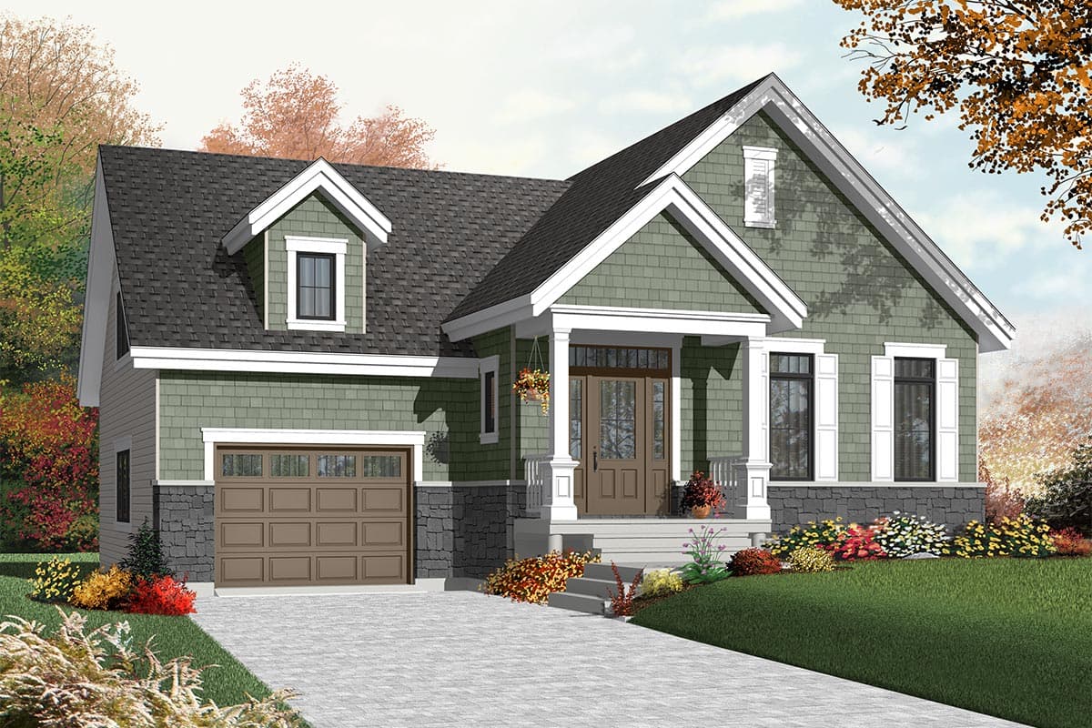 House plan exterior. Craftsman style, one story, with dormers, front porch with columns, and attached garage. Stone veneer on the lower level.