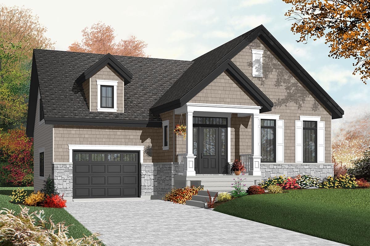 House plan exterior: One-and-a-half story home with shingle siding, front-facing gable, dormer, covered porch with columns, and attached garage.