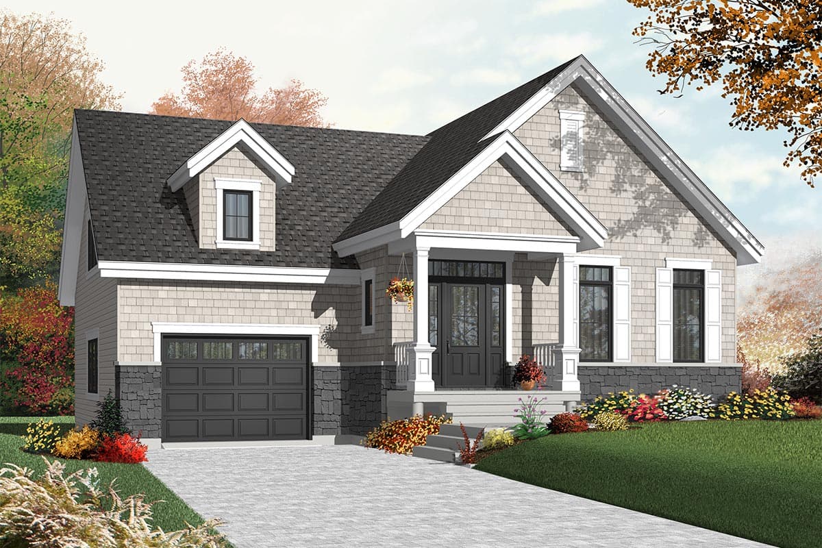 House plan exterior: One-story Modern Farmhouse with front-facing garage, dormer, covered entry porch with columns, and stone foundation.