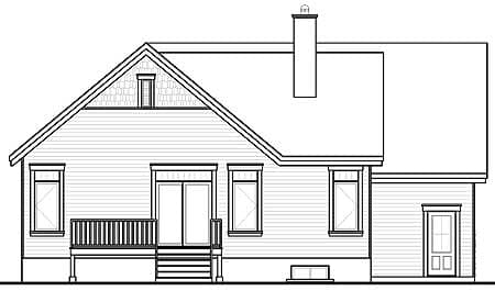 House plan rear elevation with a gabled dormer, deck, sliding glass doors, and attached garage with a single door.