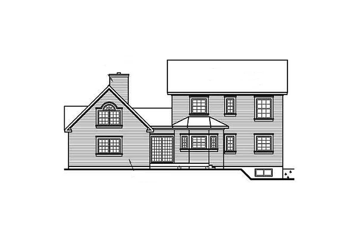 House plan exterior: Two-story home with gabled dormer, prominent chimney, and bay window on the first floor.