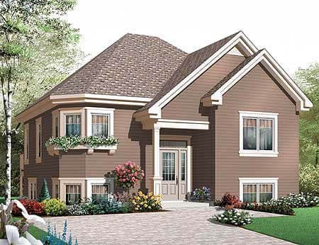 House plan exterior featuring a prominent gable roof, bay window with window boxes, and a covered entry with double doors.