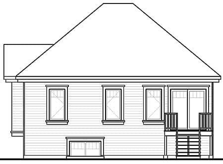 House plan elevation drawing showing the rear of a two-story home with a prominent gable roof, multiple windows, and a deck with stairs.
