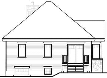 House plan side elevation drawing showing windows, sliding doors, deck, and stone accents.