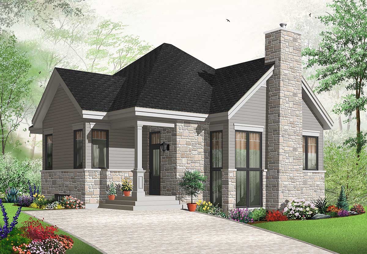 House plan exterior featuring a prominent stone chimney, covered porch with columns, and mixed siding and stone exterior.