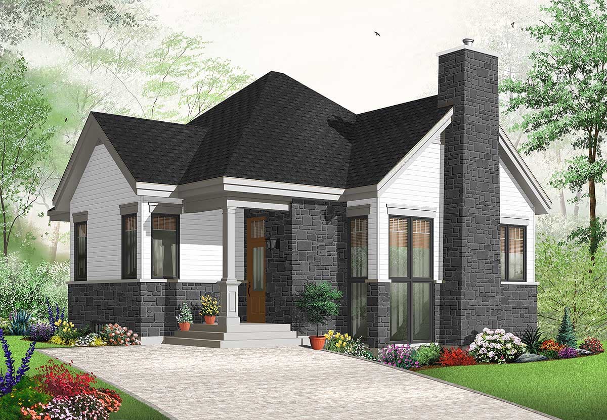 House plan exterior, modern style, single story, featuring a prominent stone chimney, covered entry porch, and gabled rooflines.