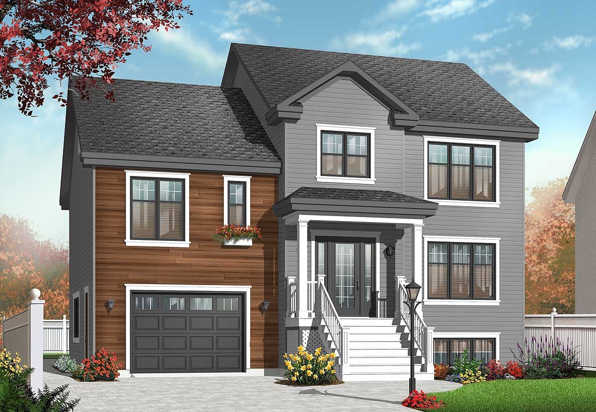 Two-story house plan exterior with a front-facing garage, covered entry porch, gabled rooflines, and mixed siding.