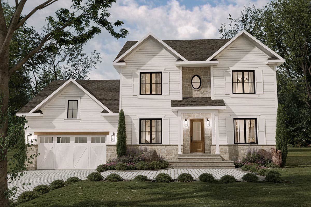 House plan exterior rendering of a two-story Modern Farmhouse with a front-facing garage, gables, stone accents, and a prominent front porch.