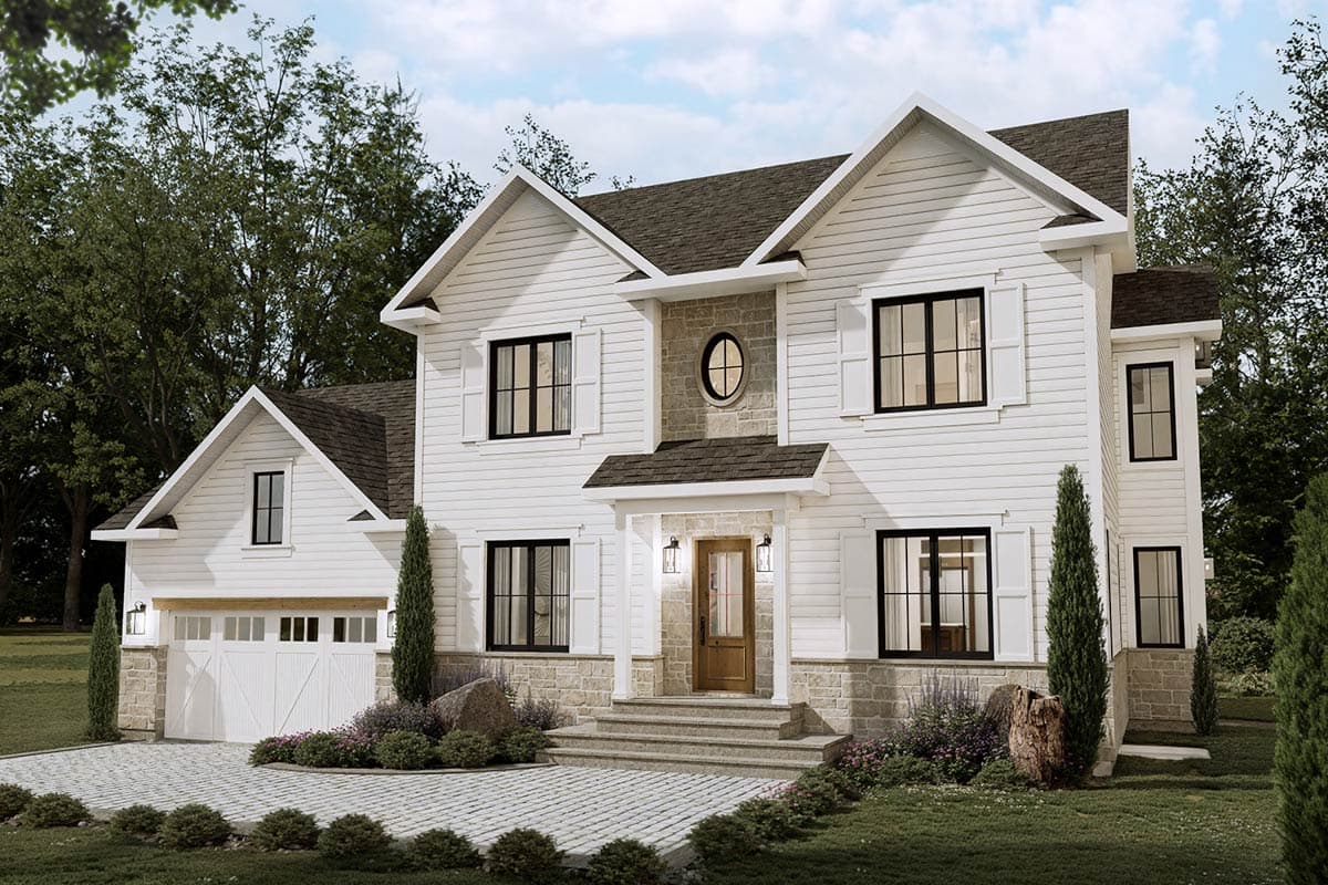 House plan exterior: Two-story home with gabled dormers, stone accents, a prominent front porch, and an attached garage.