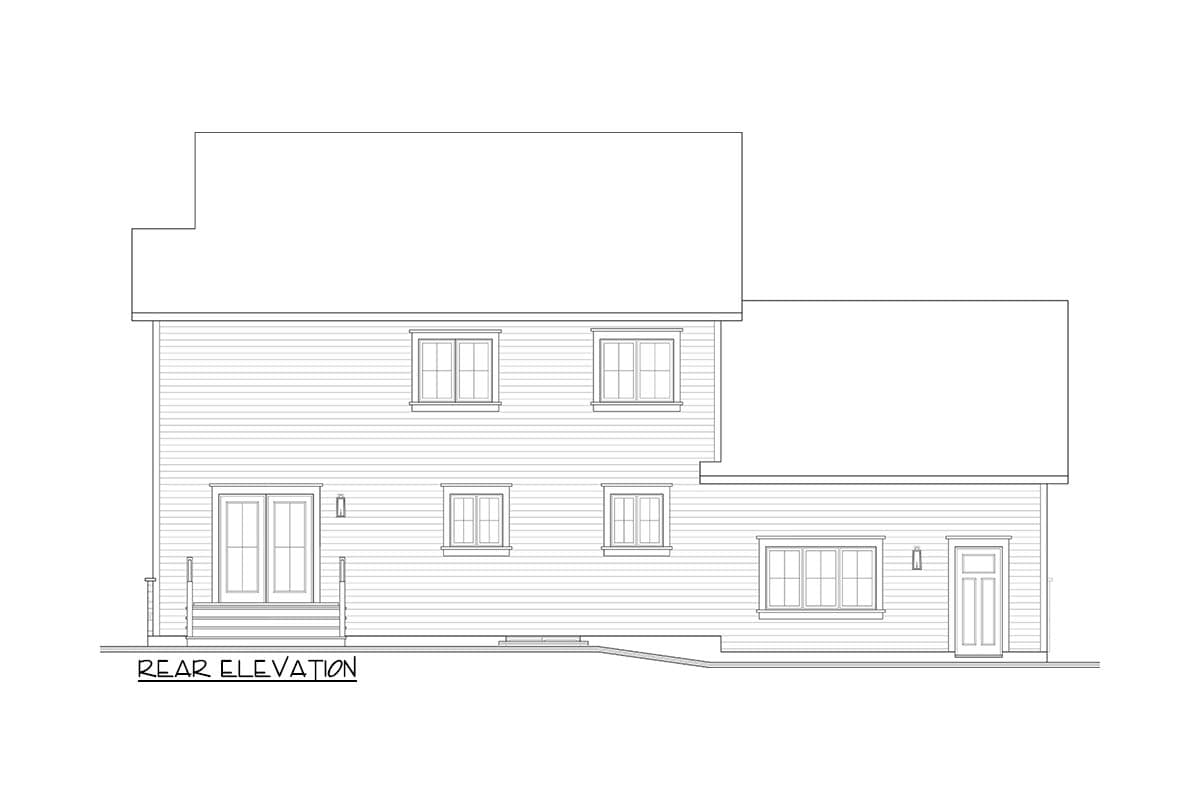 Rear elevation drawing of a two-story house with horizontal siding, double doors, and multiple windows.