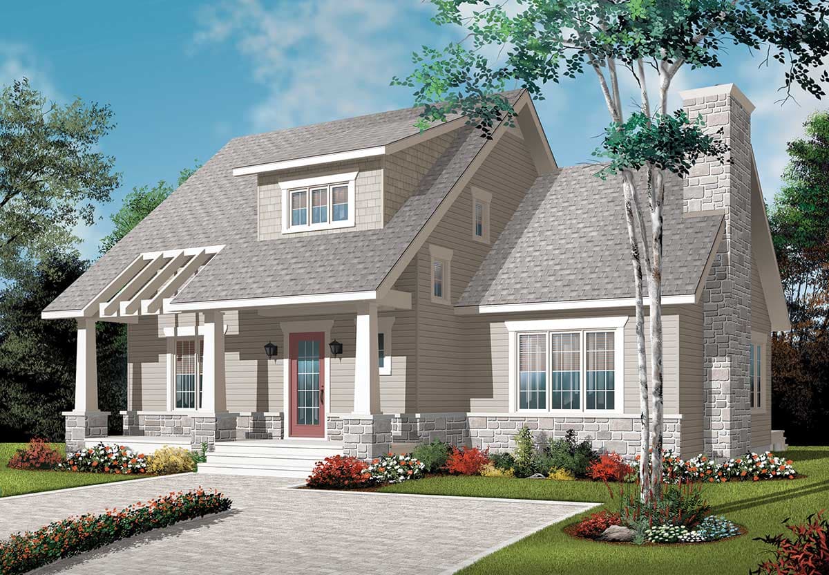 House plan exterior: Two-story, gray siding, stone foundation, covered porch with pergola, dormers, and stone chimney.