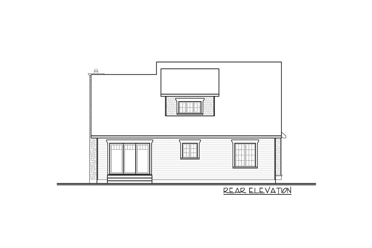 Rear elevation house plan showing a dormer, siding, and large window ensemble.