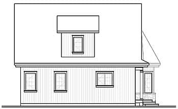 House plan elevation drawing, side view, showing dormer, multiple windows, and covered entry with stone base.