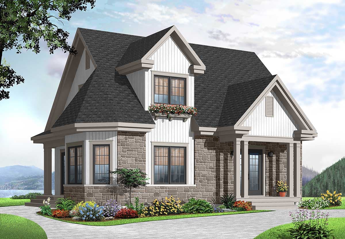 House plan exterior: Stone-clad, two-story home with gabled dormers, a covered front porch with columns, and a prominent bay window.