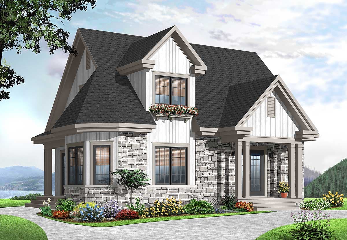 House plan exterior: Two-story home with stone lower level, gabled dormer, steep rooflines, and covered front porch.