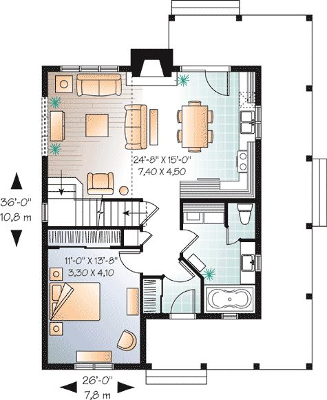 Plan 21829DR: 3 Bedroom Country House Plan with Three-Sided Covered Porch - 1370 Sq Ft - Floor Plan - Main Level - Cottage, Country, Traditional