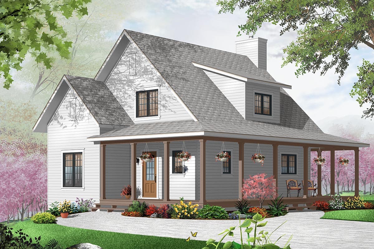 House plan exterior: two-story Modern Farmhouse with wrap-around porch, gables, and dormers.