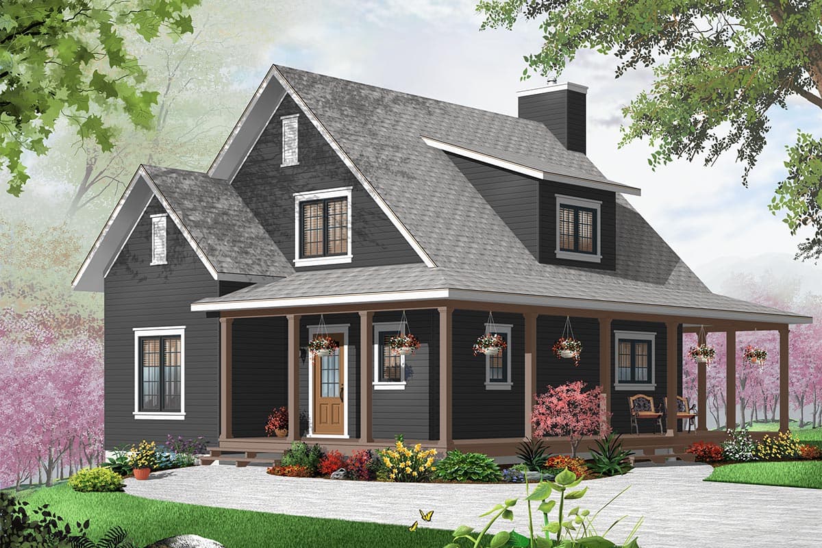 Plan 21829DR: 3 Bedroom Country House Plan with Three-Sided Covered Porch - 1370 Sq Ft - Image #4 - Cottage, Country, Traditional