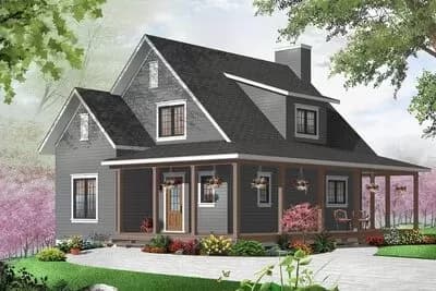 3 Bedroom Country House Plan with Three-Sided Covered Porch - 1370 Sq Ft
