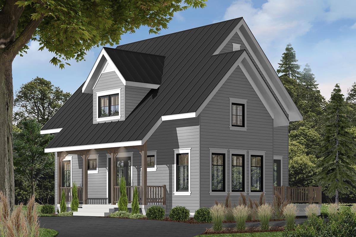 House plan exterior: Two-story Modern Farmhouse with metal roof, gables, dormer, and covered porch with wooden posts.