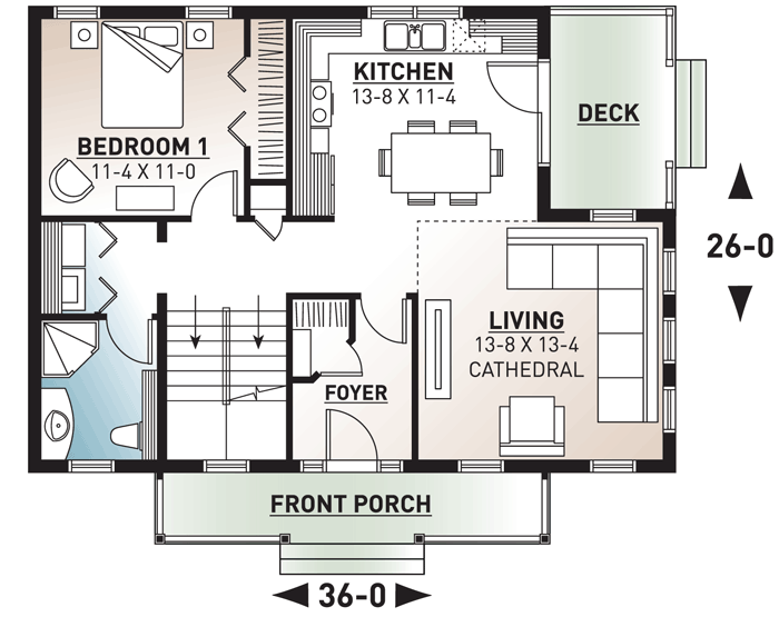 Plan 21830DR: Country Cottage with Cathedral Ceiling - 1508 Sq Ft - Floor Plan - Main Level - Cottage, Country