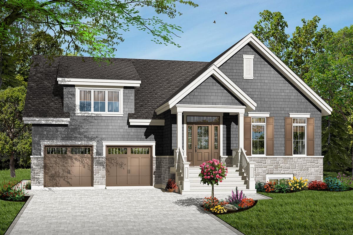 House plan exterior with Craftsman style, two stories, front porch, gables, and attached garage. Stone veneer base and shingle siding are visible.