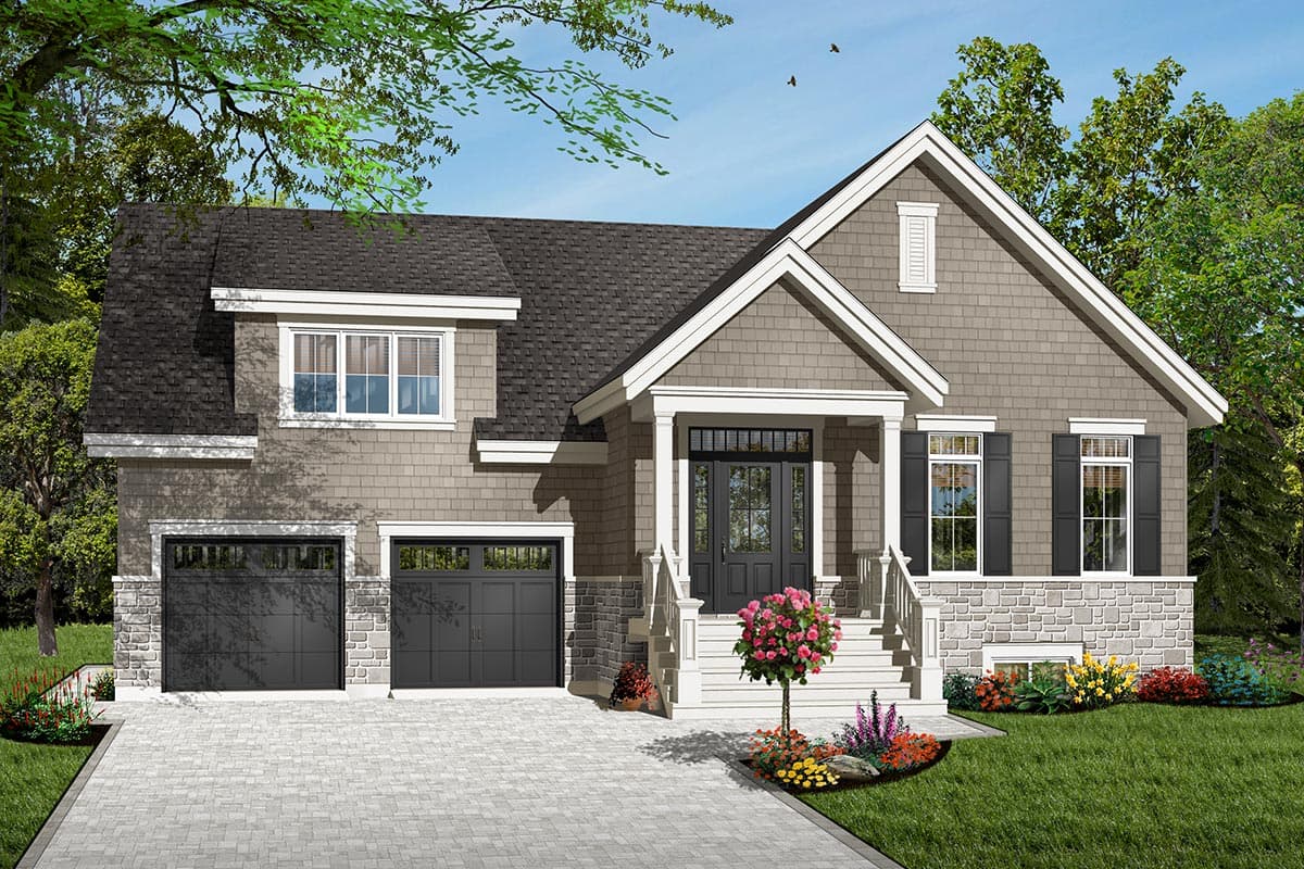 House plan exterior: Two-story modern farmhouse with dual garage doors, stone foundation, and covered entry with double doors.