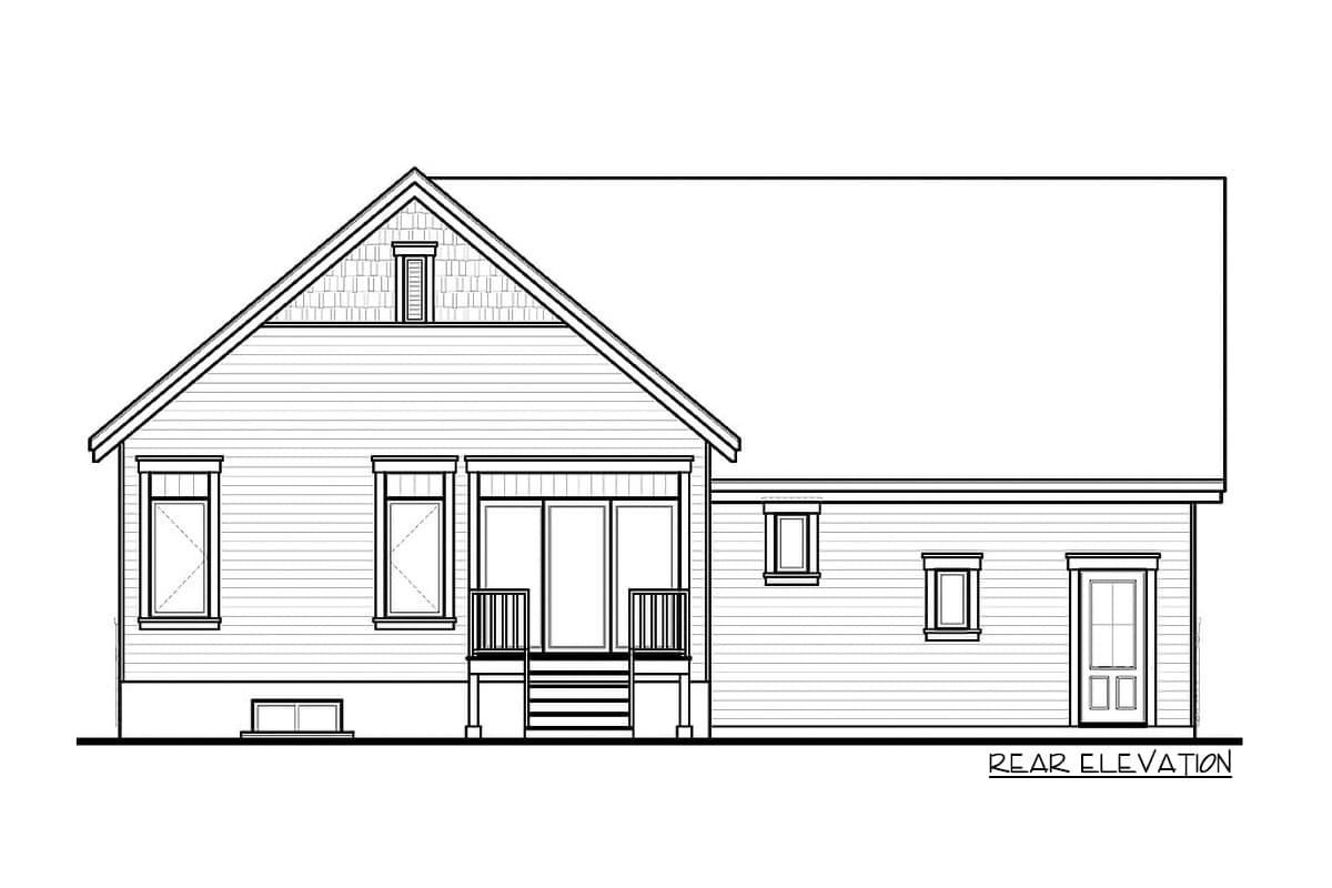 Rear elevation house plan showing a gambrel roofline, a dormer, a covered porch with stairs, and a garage entrance.