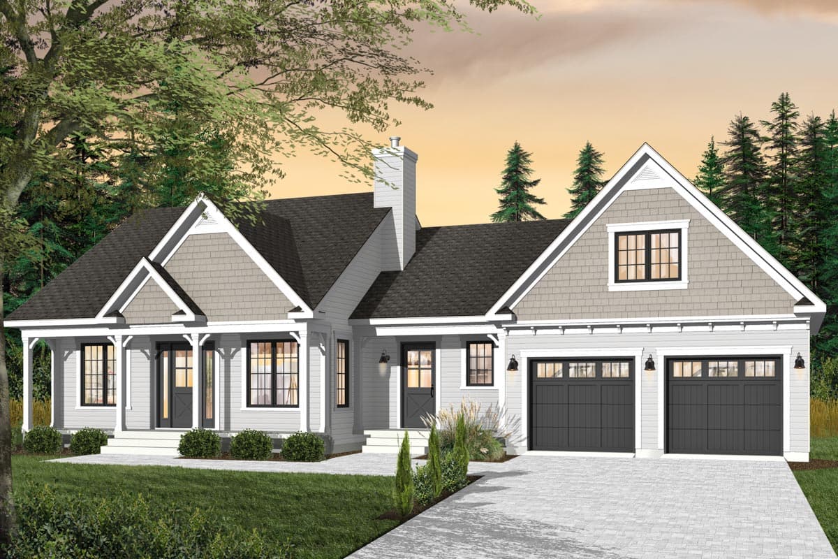 House plan exterior: One-story Modern Farmhouse with a covered front porch, dormer, and attached two-car garage.