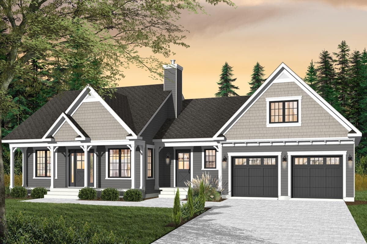 House plan exterior: Ranch style with a covered porch, gable rooflines, a central chimney, and a three-car garage.