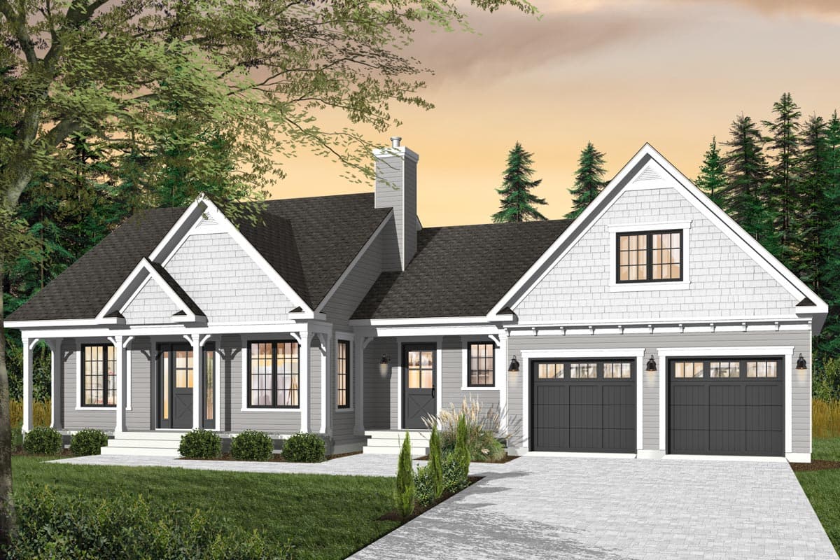 House plan exterior. Ranch style with front porch, gables, and a two-car garage. Features shingle siding and dark rooflines.