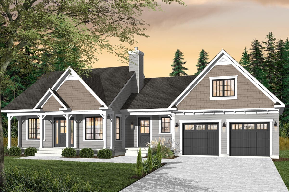 House plan exterior: Single-story Modern Farmhouse with covered front porch, prominent gables, and a three-car garage.
