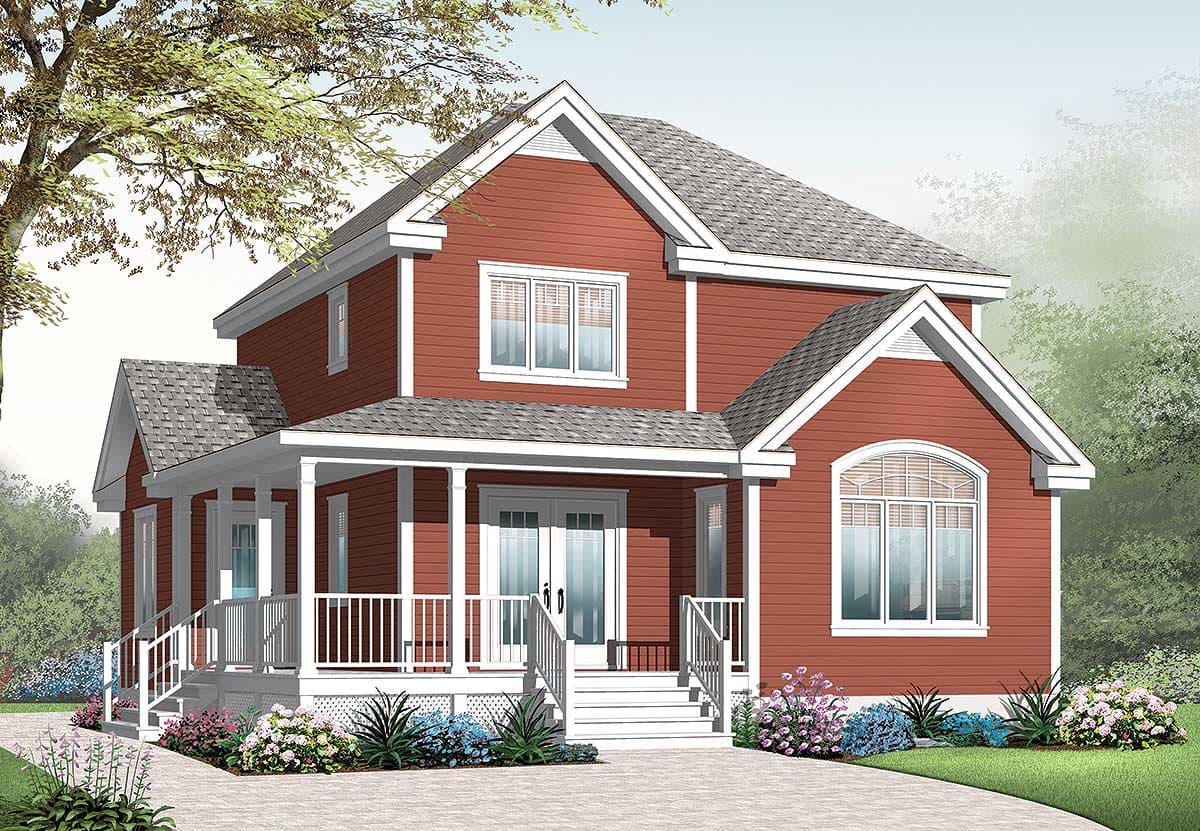House plan exterior: Two-story house with wrap-around porch, gables, and arched window.