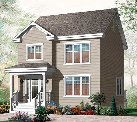 Two-story house plan exterior with a front-facing gable, covered porch, and multiple windows.