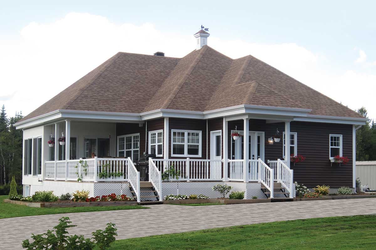 House plan exterior with brown siding, a covered porch, and a multi-gabled roofline. Features include white railings and steps.