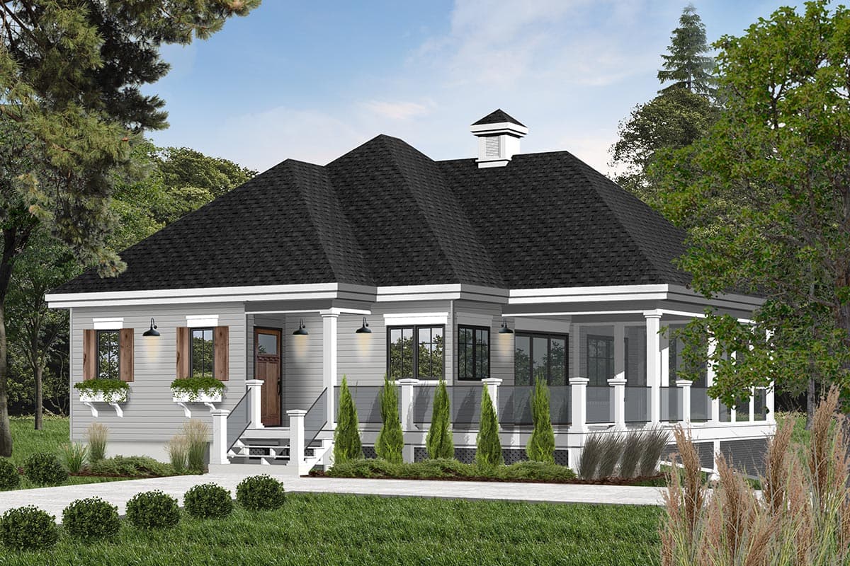 House plan exterior: single-story home with gabled roof, cupola, covered front porch with columns, and wide windows.
