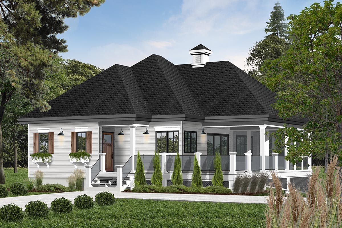 House plan exterior of a single-story home with a hip roof, covered front porch with glass railings, and decorative cupola.