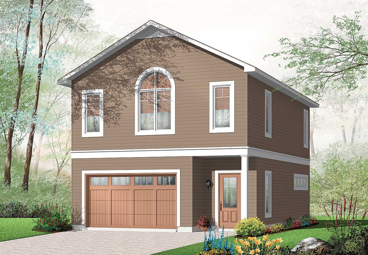 Two-story house plan exterior with gable roof, arched upper window, double garage door, and covered entry.