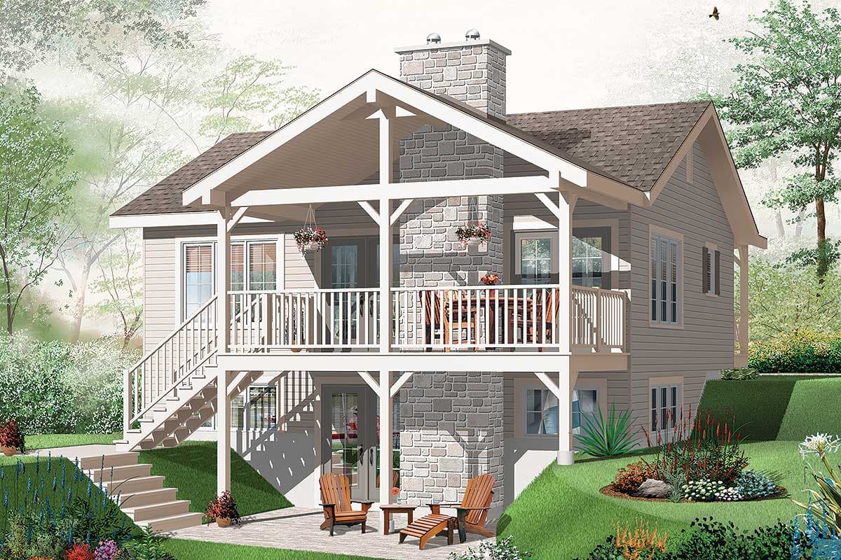 House plan exterior: Two-story home with prominent stone chimney, covered deck, and dual staircases.