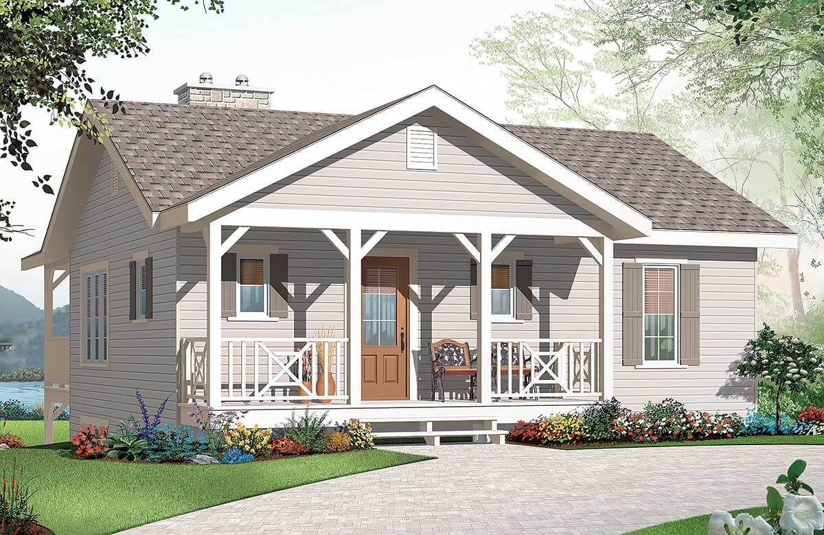 House plan exterior: single-story home with gable roof, full-width porch with decorative posts, and prominent chimney.