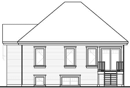 House plan rear elevation drawing with siding, multiple windows, and a deck with stairs.