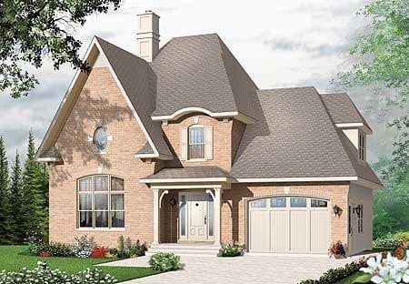 House plan exterior: Brick two-story home with arched entryway, circular dormer window, and attached garage.