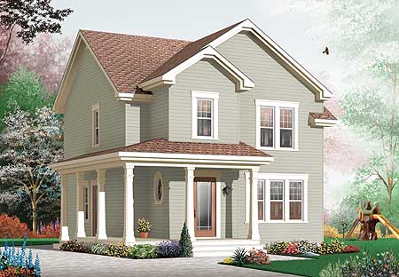House plan exterior: Two-story home with a wrap-around porch, gabled roof, and multiple dormers.